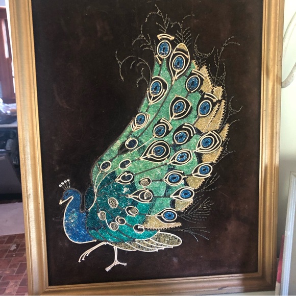 Vintage MCM Peacock on Brown Velvet Gravel Art - Picture 3 of 14